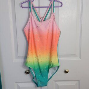 Cat & Jack One Piece Swimsuit Glitter Unicorn Colorful Pink Teal XL 14/16